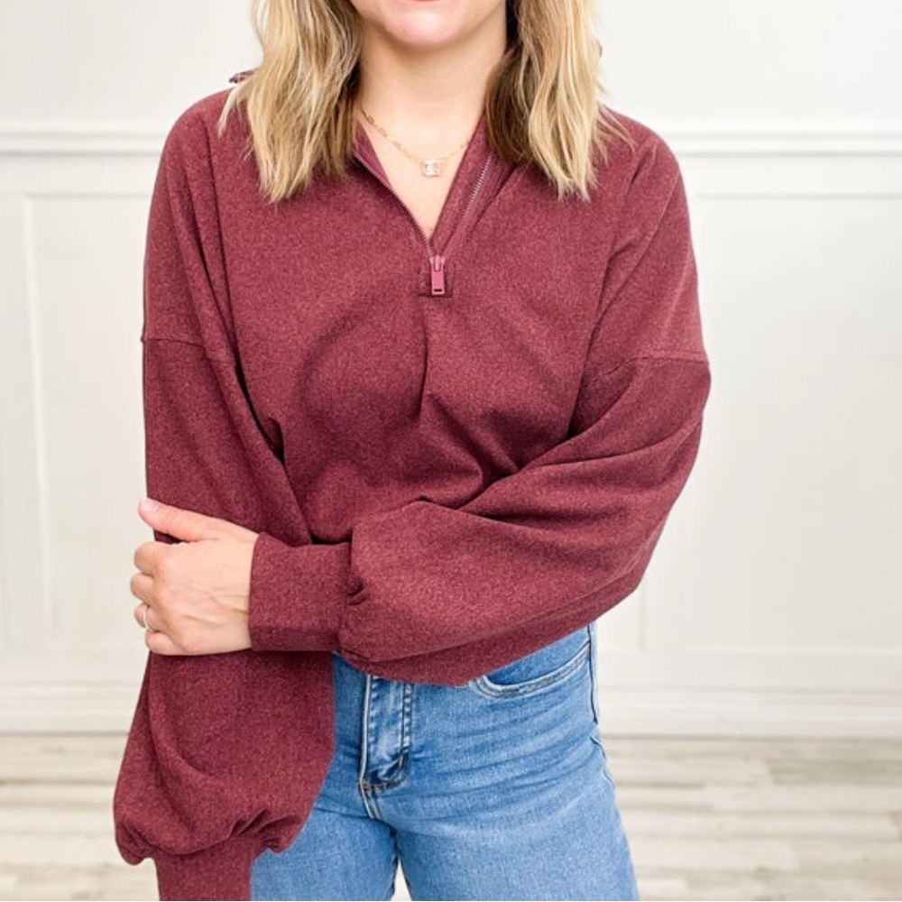Women's Ribbed Brushed Long Sleeve Quarter Zip with Gathered Waist top  in wine